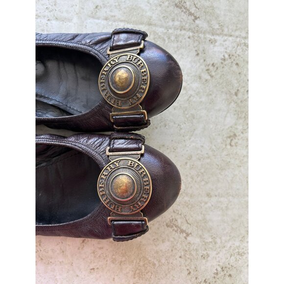 Burberry Womens Leather Ballet Flats With Gold Logo Buckle Brown Size 37 - Picture 3 of 11